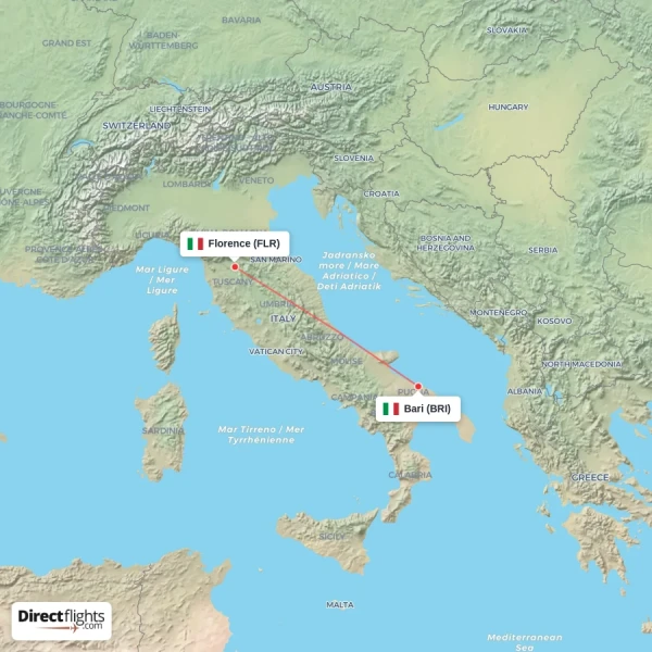 Florence - Bari direct flight map