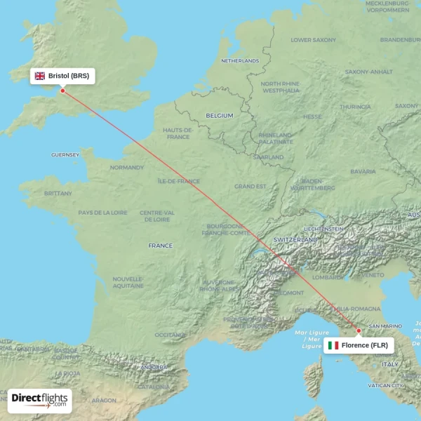 Florence - Bristol direct flight map