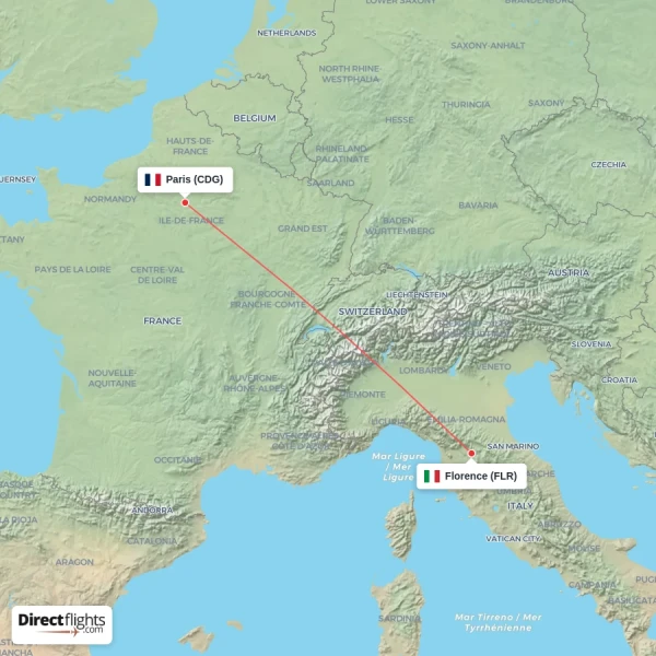Florence - Paris direct flight map