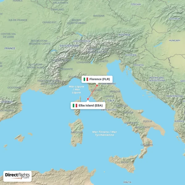 Florence - Elba Island direct flight map