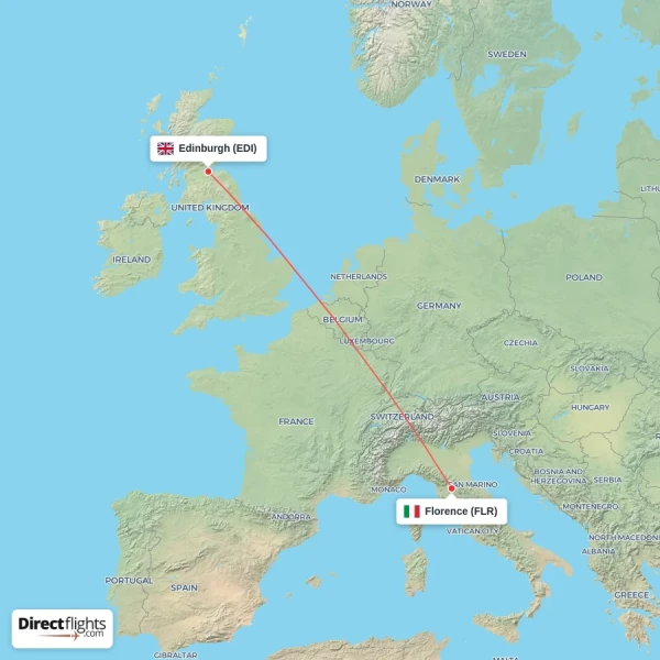 Florence - Edinburgh direct flight map