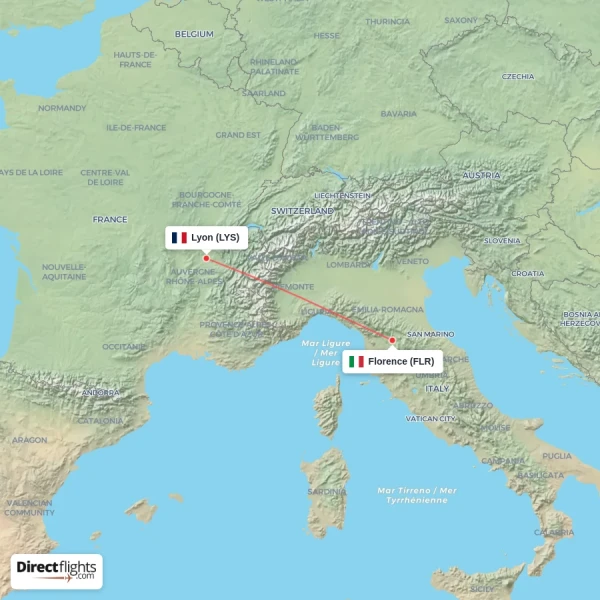 Florence - Lyon direct flight map
