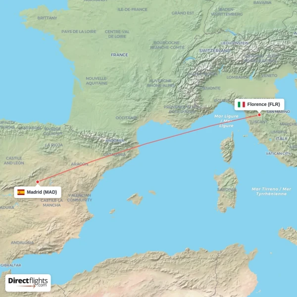 Florence - Madrid direct flight map