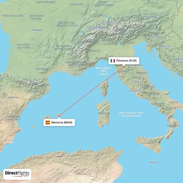 Florence - Menorca direct flight map