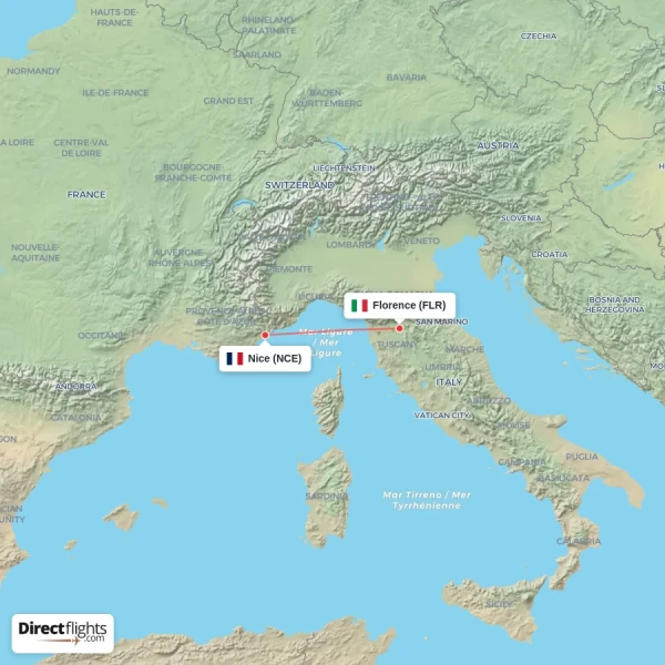 Florence - Nice direct flight map