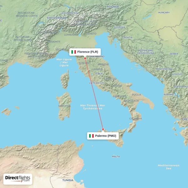 Florence - Palermo direct flight map