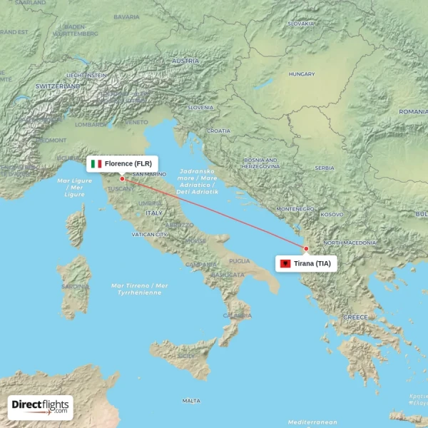 Florence - Tirana direct flight map