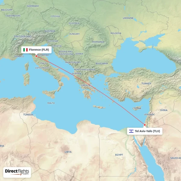 Florence - Tel Aviv-Yafo direct flight map