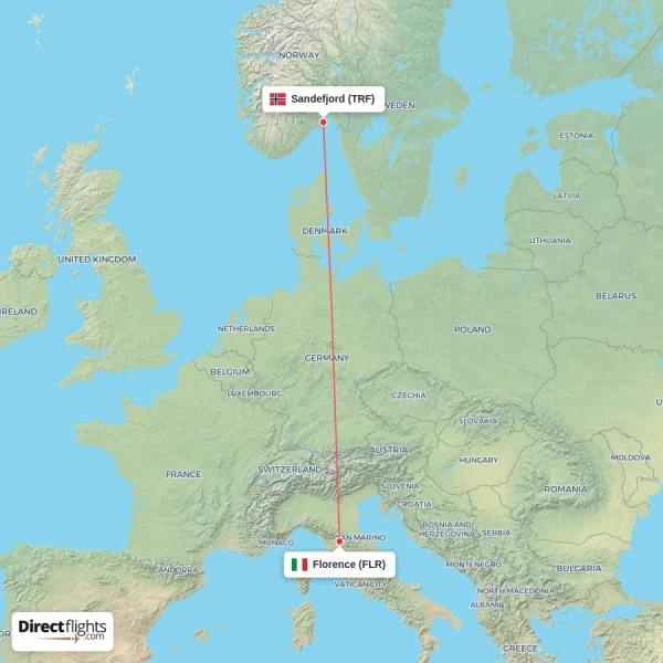 Florence - Sandefjord direct flight map