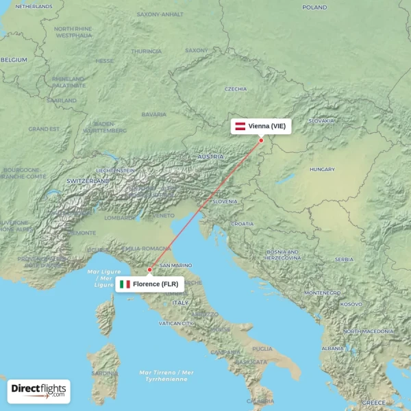 Florence - Vienna direct flight map