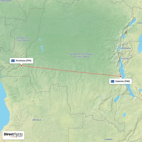 Kalemie - Kinshasa direct flight map
