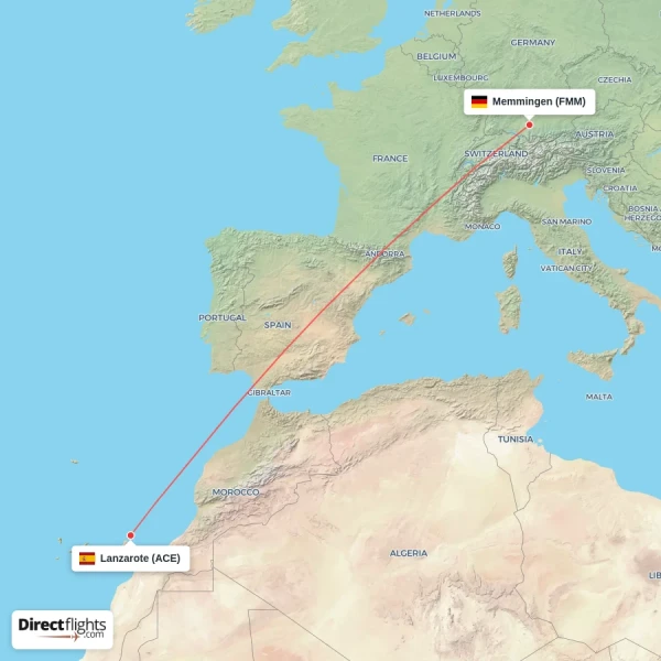 Memmingen - Lanzarote direct flight map