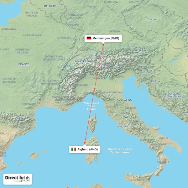 Memmingen - Alghero direct flight map