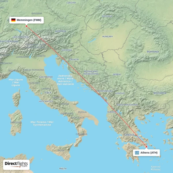 Memmingen - Athens direct flight map