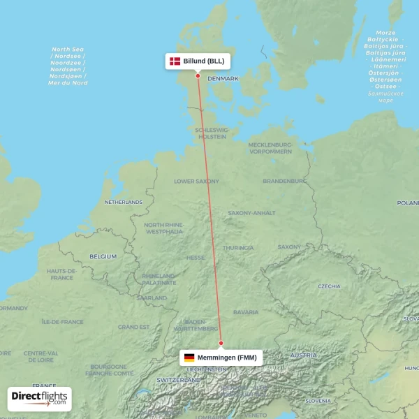 Memmingen - Billund direct flight map