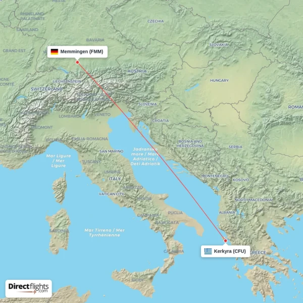 Memmingen - Kerkyra direct flight map