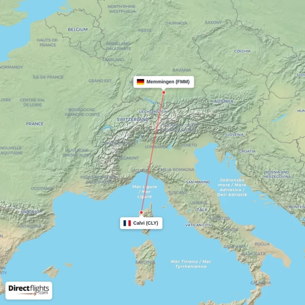 Memmingen - Calvi direct flight map