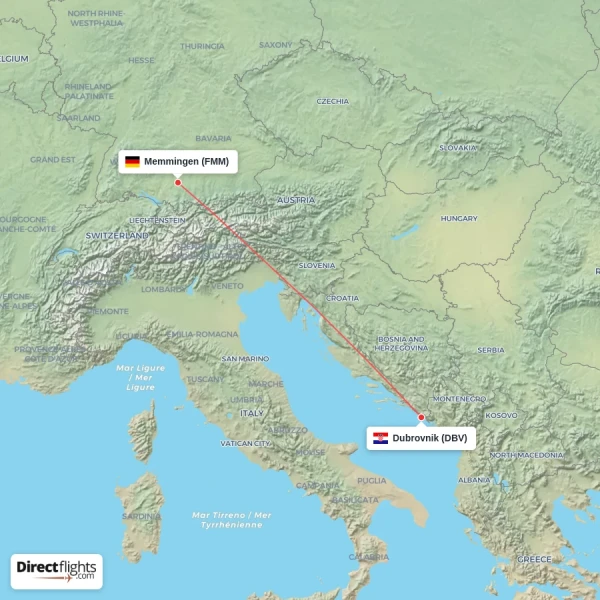 Memmingen - Dubrovnik direct flight map