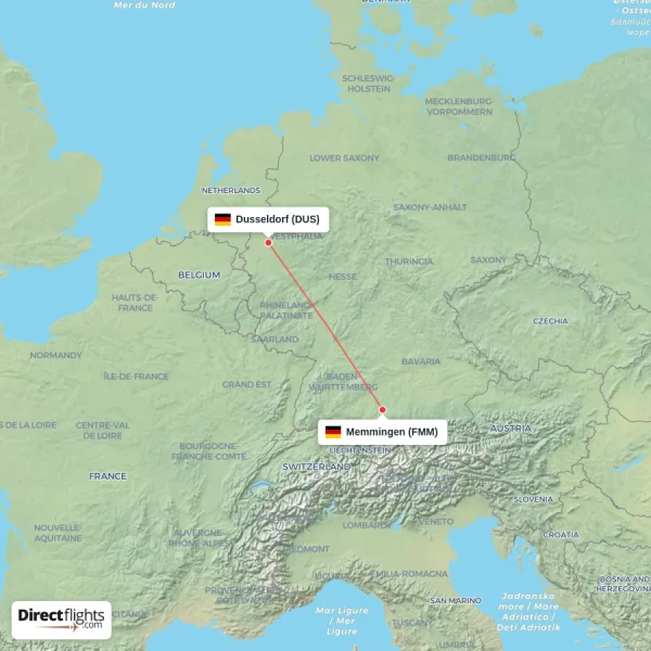 Memmingen - Dusseldorf direct flight map