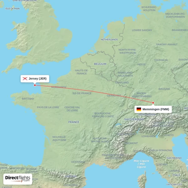 Memmingen - Jersey direct flight map
