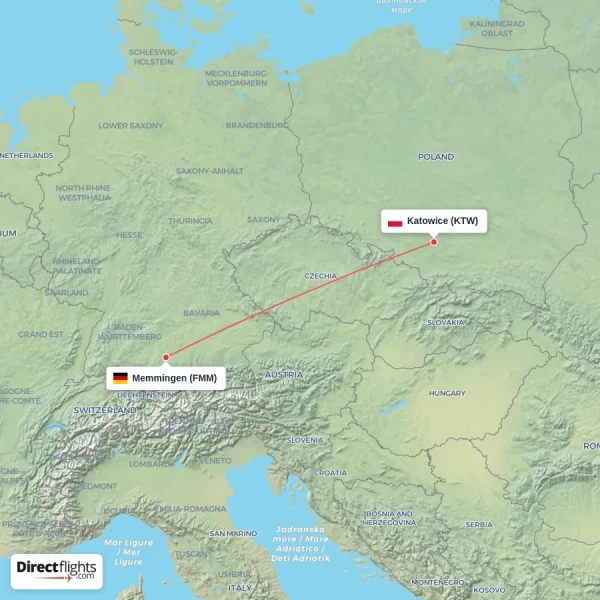 Memmingen - Katowice direct flight map