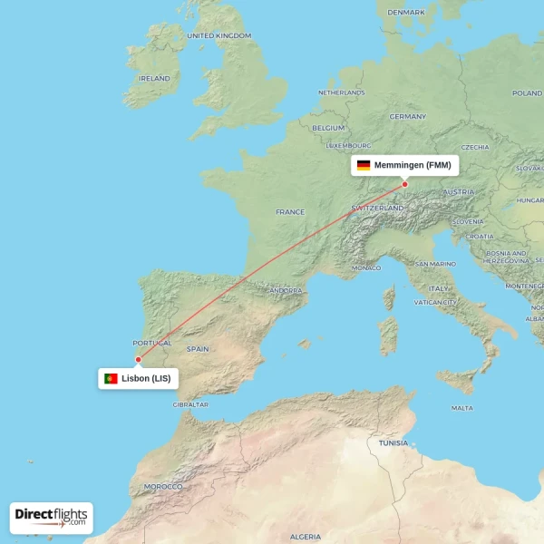 Memmingen - Lisbon direct flight map