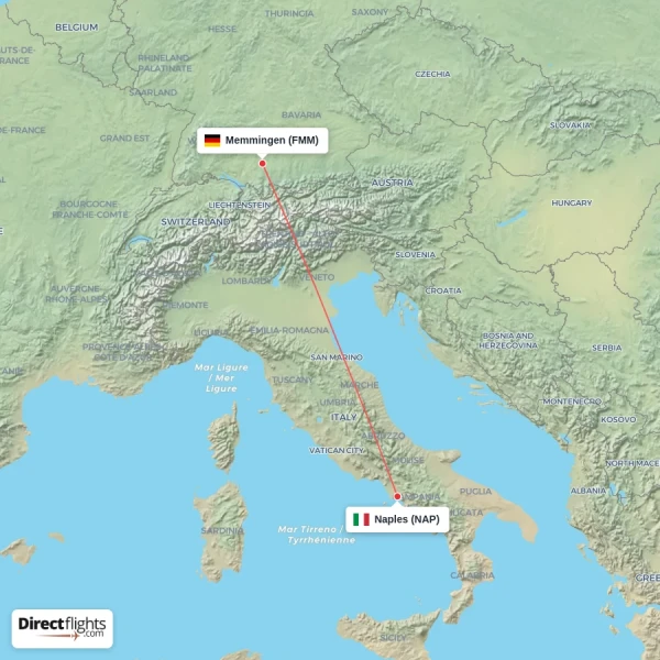 Memmingen - Naples direct flight map
