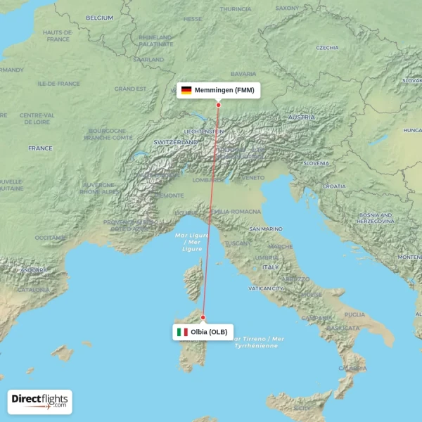 Memmingen - Olbia direct flight map
