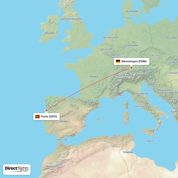 Memmingen - Porto direct flight map