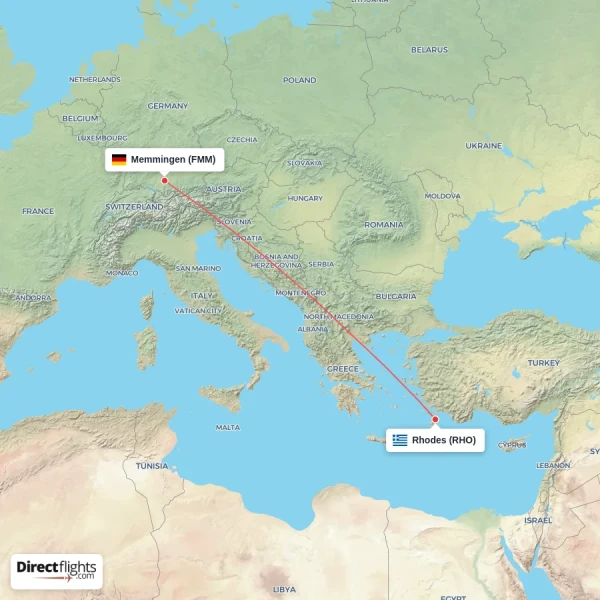 Memmingen - Rhodes direct flight map