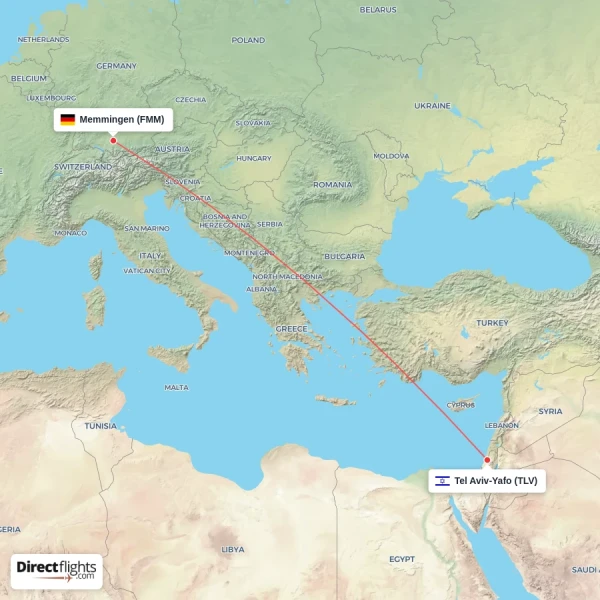 Memmingen - Tel Aviv-Yafo direct flight map
