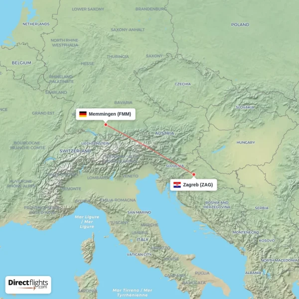 Memmingen - Zagreb direct flight map