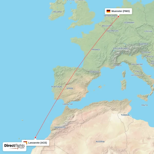 Muenster - Lanzarote direct flight map