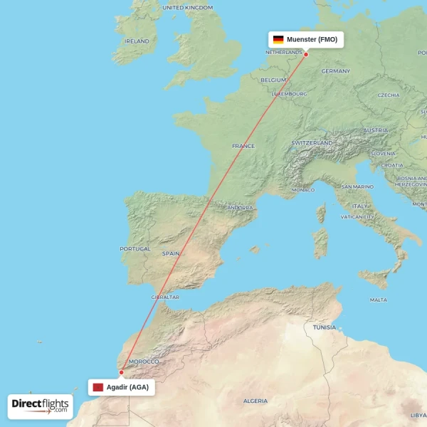 Muenster - Agadir direct flight map