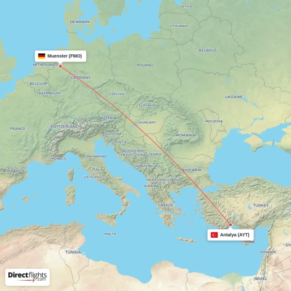Muenster - Antalya direct flight map