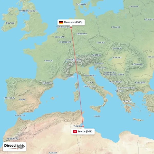 Muenster - Djerba direct flight map