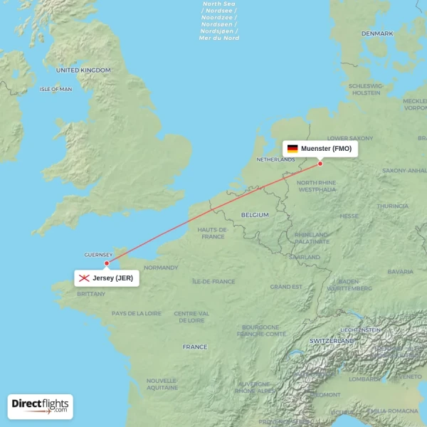 Muenster - Jersey direct flight map