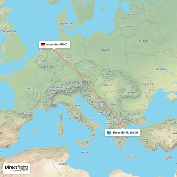 Muenster - Thessaloniki direct flight map