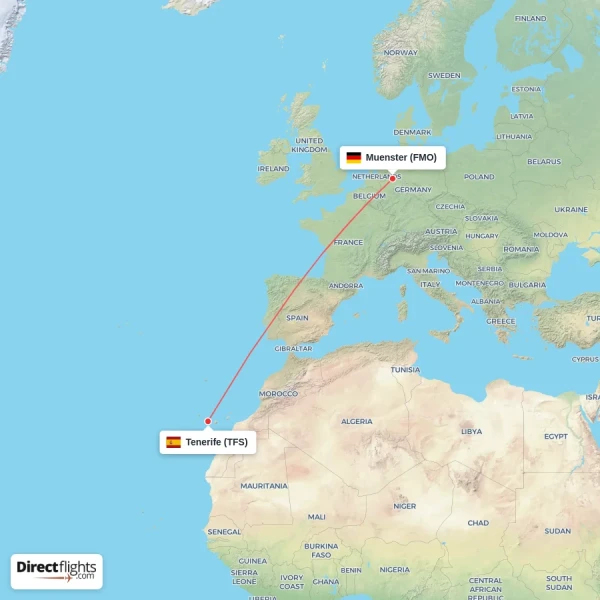Muenster - Tenerife direct flight map