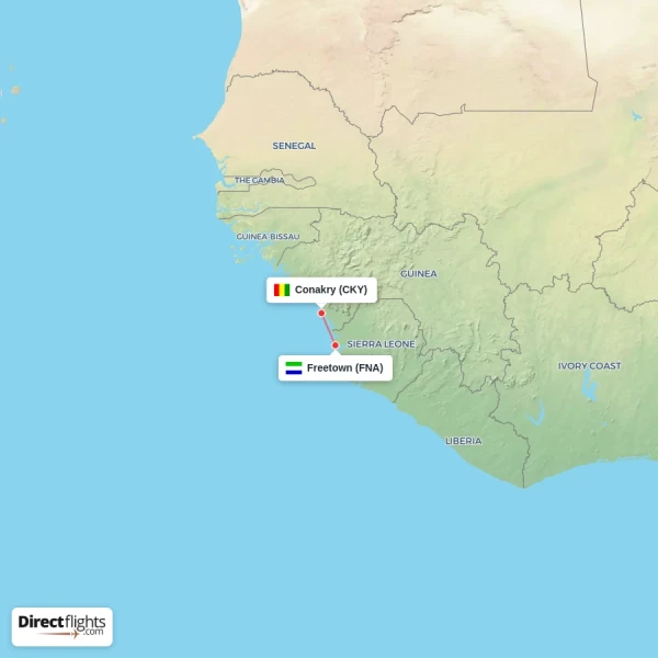 Freetown - Conakry direct flight map