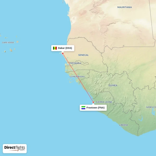 Freetown - Dakar direct flight map