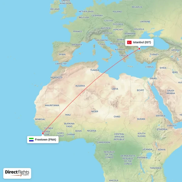 Freetown - Istanbul direct flight map