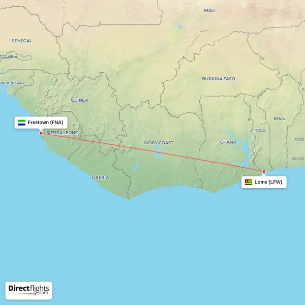Freetown - Lome direct flight map