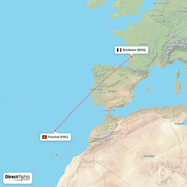 Funchal - Bordeaux direct flight map