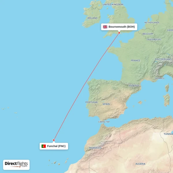Funchal - Bournemouth direct flight map