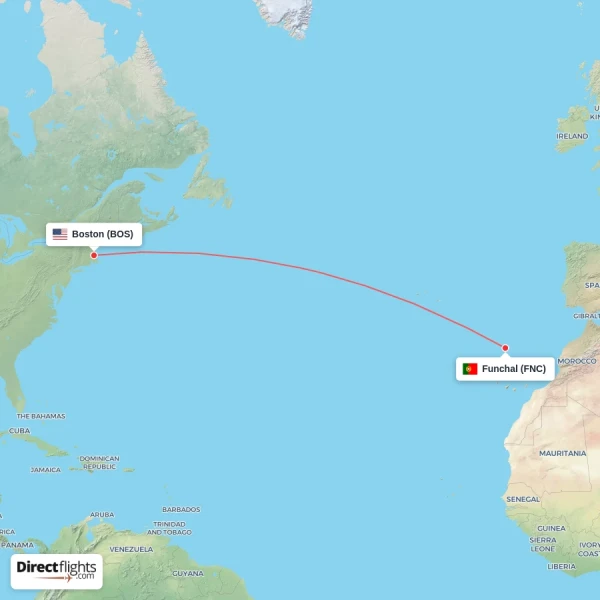 Funchal - Boston direct flight map