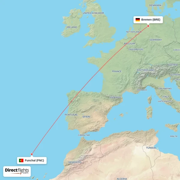 Funchal - Bremen direct flight map