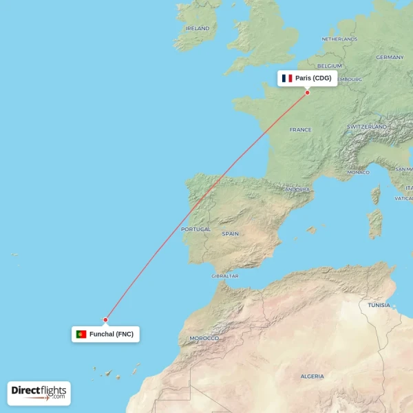 Funchal - Paris direct flight map