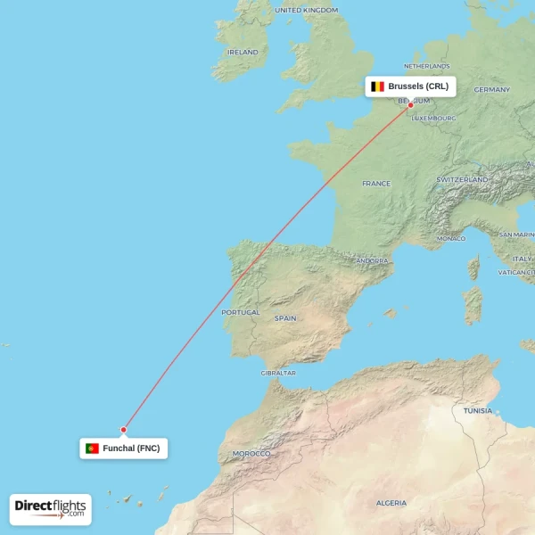 Funchal - Brussels direct flight map