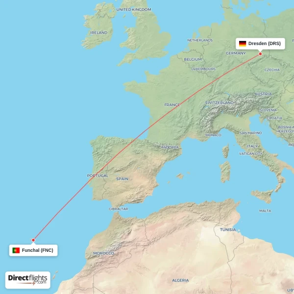 Funchal - Dresden direct flight map